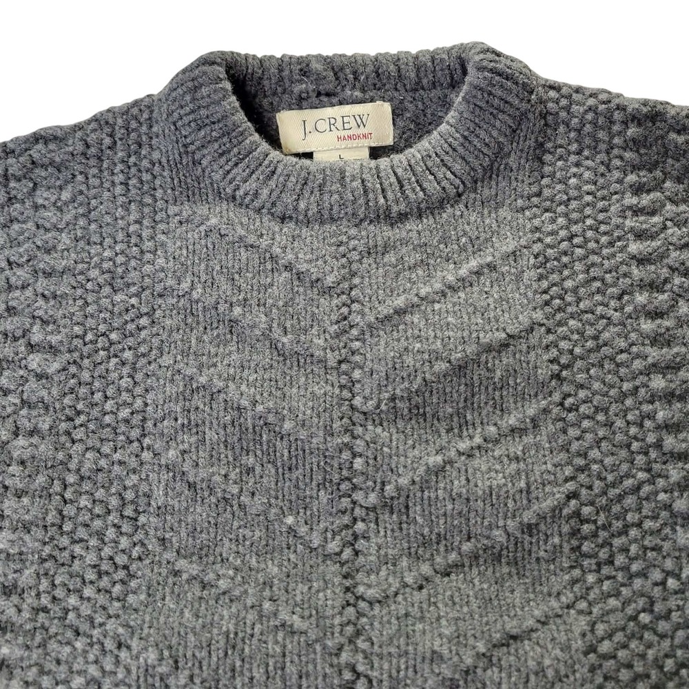 J.Crew Sweater Mens Large Grey Merino Wool Handknit Cable Knit Chevron Popcorn